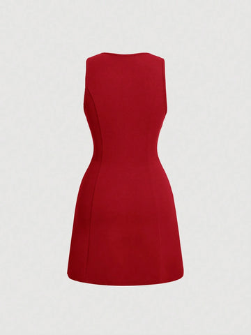 Women's Casual Solid Color Front Button Sleeveless Dress, Autumn