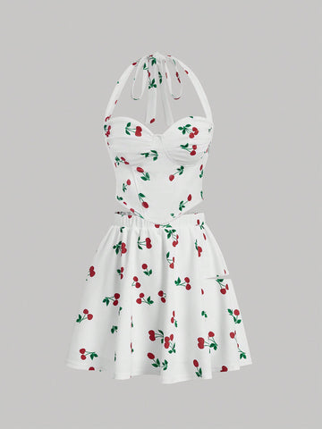 Women's Cherry Print Halter Neck Tank Top And Skirt Set