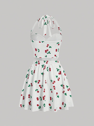 Women's Cherry Print Halter Neck Tank Top And Skirt Set