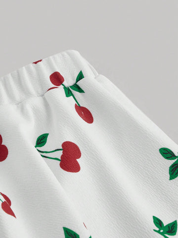 Women's Cherry Print Halter Neck Tank Top And Skirt Set