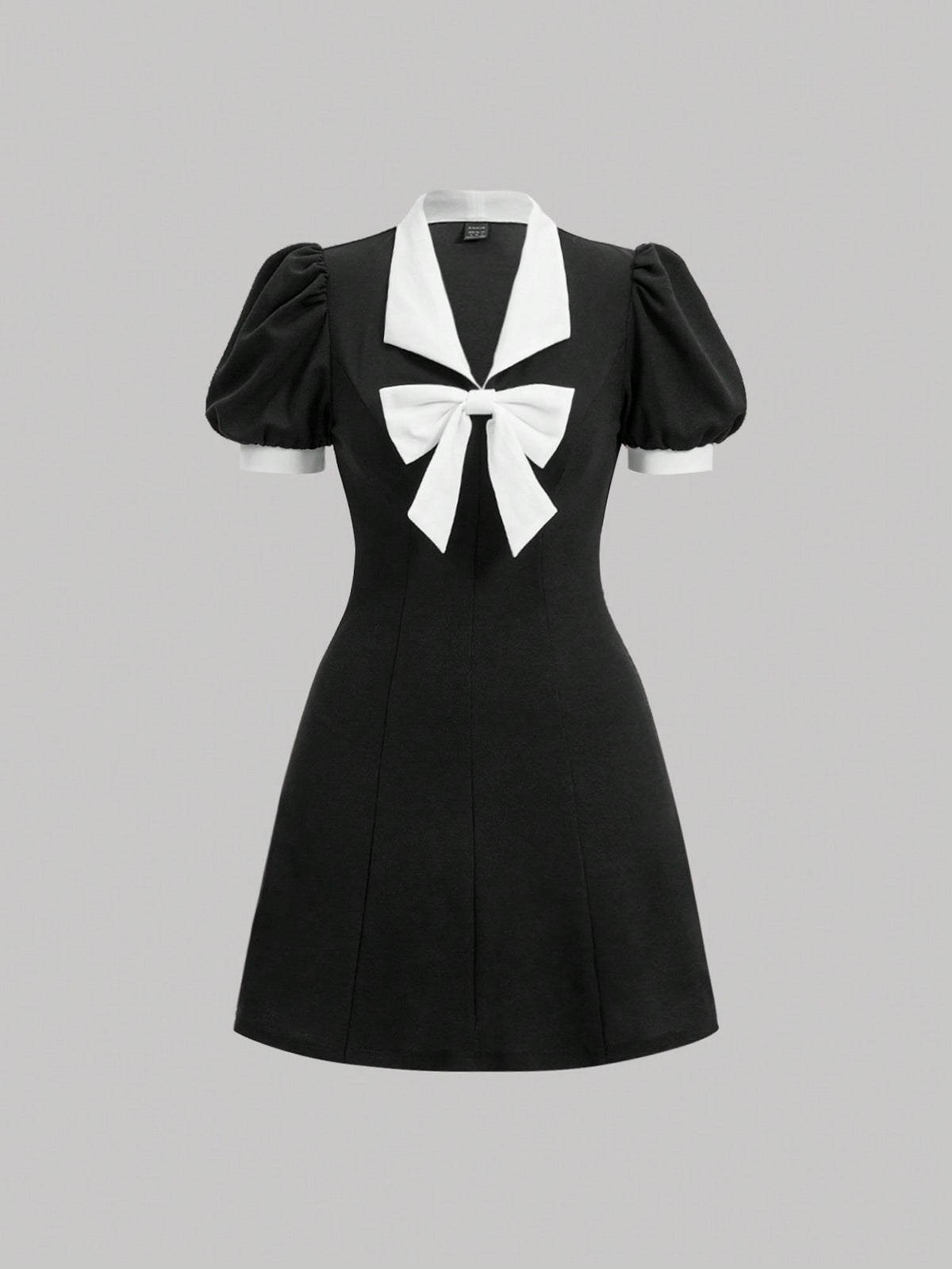 Women's Color Block Bubble Sleeve Dress With Bow Decoration