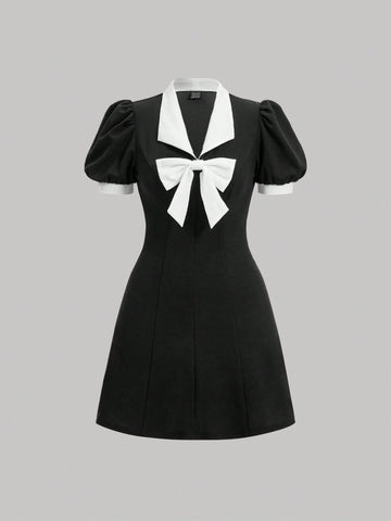 Women's Color Block Bubble Sleeve Dress With Bow Decoration