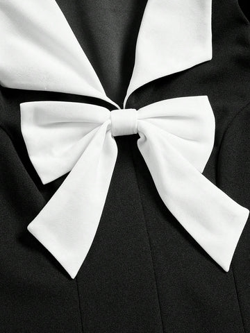 Women's Color Block Bubble Sleeve Dress With Bow Decoration