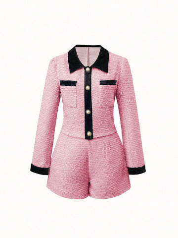 Women's Color Block Long Sleeve Jacket And Shorts Set