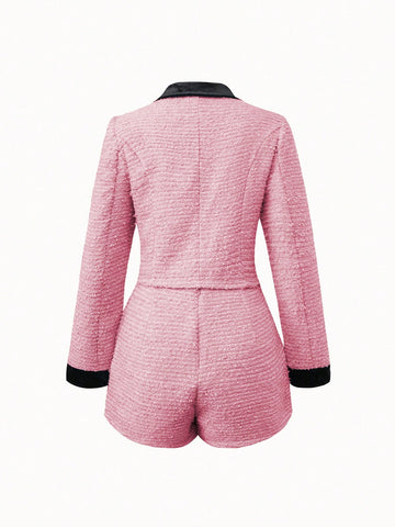 Women's Color Block Long Sleeve Jacket And Shorts Set