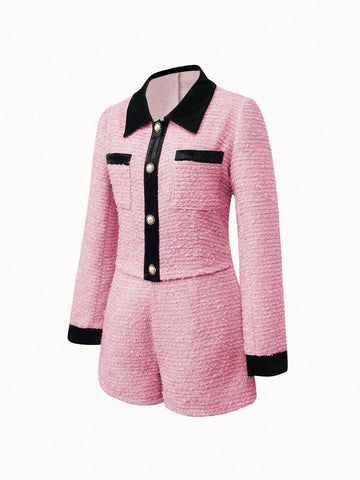 Women's Color Block Long Sleeve Jacket And Shorts Set