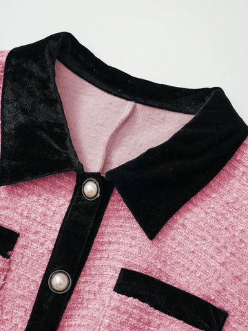Women's Color Block Long Sleeve Jacket And Shorts Set