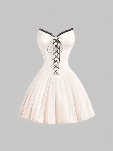 Women's Color Block V-Neck Lace Trim Apricot Dress, Center Front Tie Waist Pleated Dress,