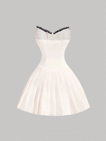 Women's Color Block V-Neck Lace Trim Apricot Dress, Center Front Tie Waist Pleated Dress,