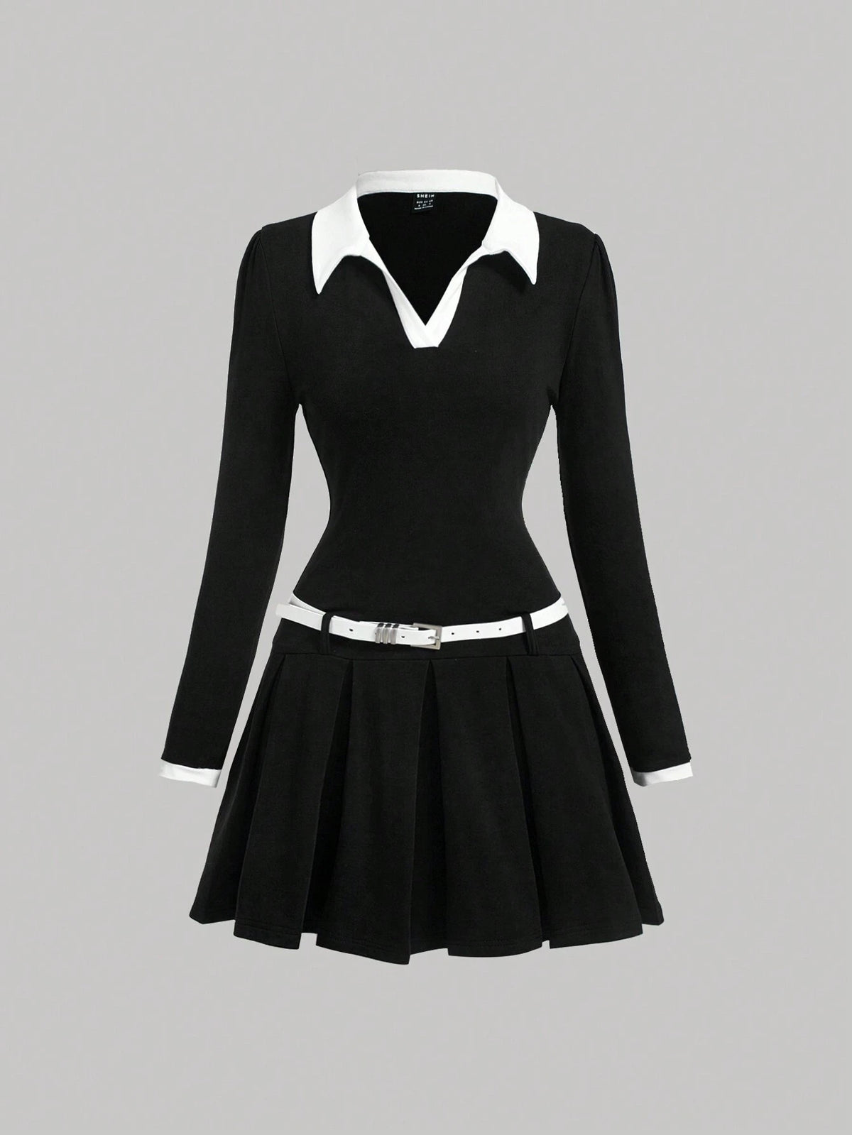 Women's Color Block White Belted Tennis T-Shirt Dress, Back To School Long Sleeve Knit Dress,Fall Women Dresses,Homecoming Dress Short,Navy Blue Dress