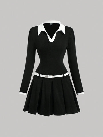 Women's Color Block White Belted Tennis T-Shirt Dress, Back To School Long Sleeve Knit Dress,Fall Women Dresses,Homecoming Dress Short,Navy Blue Dress