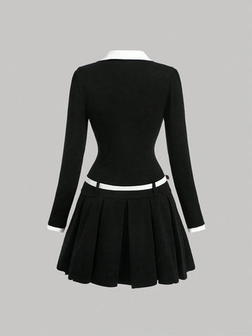 Women's Color Block White Belted Tennis T-Shirt Dress, Back To School Long Sleeve Knit Dress,Fall Women Dresses,Homecoming Dress Short,Navy Blue Dress