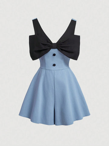 Women's Color Blocked Jumpsuit With Bowknot