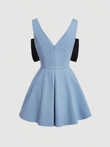 Women's Color Blocked Jumpsuit With Bowknot