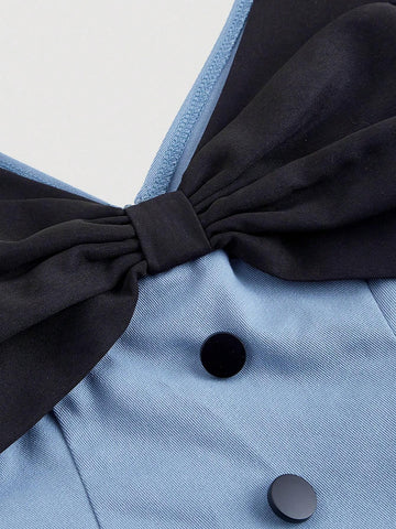 Women's Color Blocked Jumpsuit With Bowknot