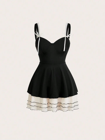 Women's Colorblock Layered Spaghetti Strap Sleeveless Summer Dress