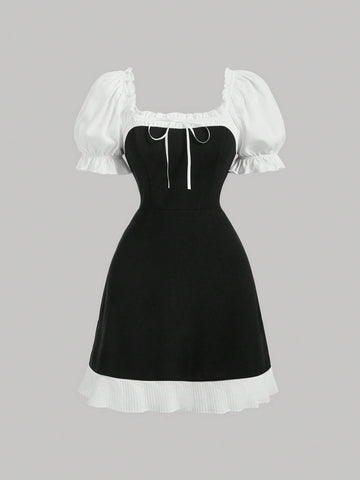 MOD Women's Contrast Trim Frill Detail Tie Waist Dress