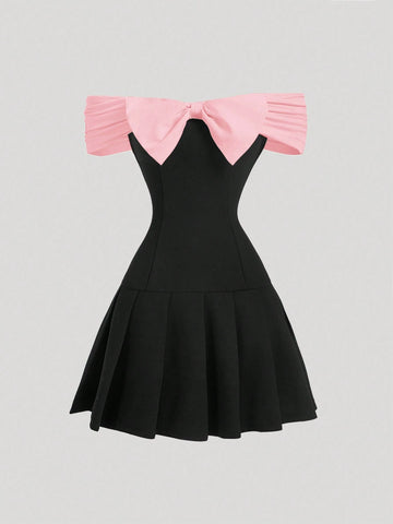 Women's Contrasting Bow Tie Shoulder Cutout Mini Dress, Black, Back-To-School, Date Night
