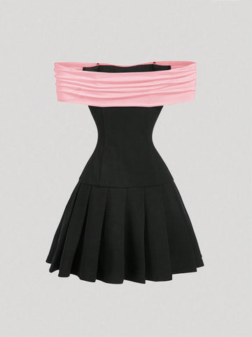 Women's Contrasting Bow Tie Shoulder Cutout Mini Dress, Black, Back-To-School, Date Night