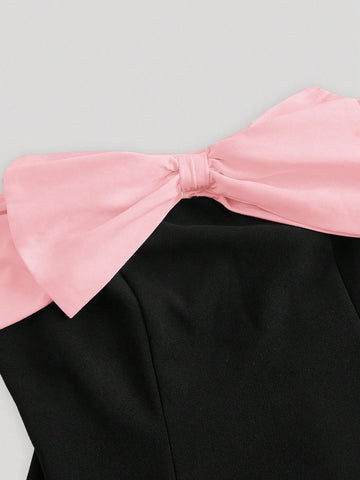 Women's Contrasting Bow Tie Shoulder Cutout Mini Dress, Black, Back-To-School, Date Night