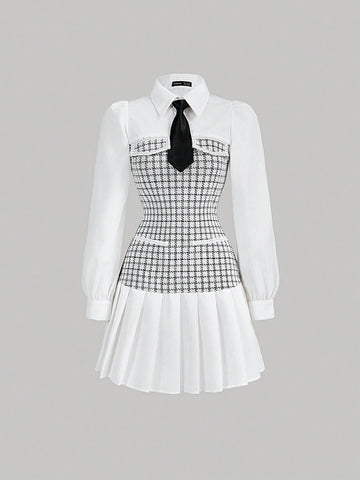 Women's Elegant Color Block Pleated Collar Long Sleeve Shirt Dress
