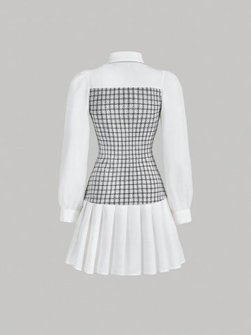 Women's Elegant Color Block Pleated Collar Long Sleeve Shirt Dress