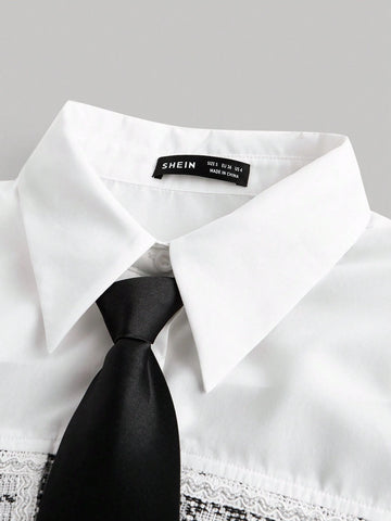 Women's Elegant Color Block Pleated Collar Long Sleeve Shirt Dress