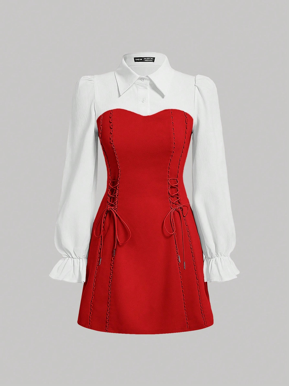 Women's Elegant Color Block Shirt Collar Long Sleeve Tie Design Dress, Autumn