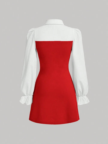 Women's Elegant Color Block Shirt Collar Long Sleeve Tie Design Dress, Autumn