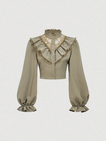 MOD Women's Elegant Lace Patchwork Ruffle Lantern Sleeve Blouse, Autumn