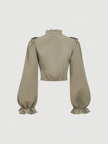 MOD Women's Elegant Lace Patchwork Ruffle Lantern Sleeve Blouse, Autumn