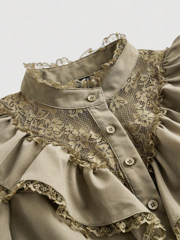 MOD Women's Elegant Lace Patchwork Ruffle Lantern Sleeve Blouse, Autumn