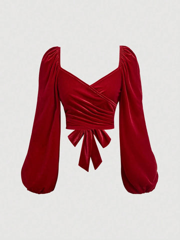 Women's Elegant Lantern Sleeve Velvet T-Shirt With Back Tie Waist, Spring Autumn
