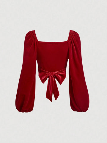 Women's Elegant Lantern Sleeve Velvet T-Shirt With Back Tie Waist, Spring Autumn