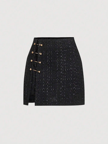 MOD Women's Elegant Pearl Pin Detail Black Tweed A-Line Skirt, Autumn