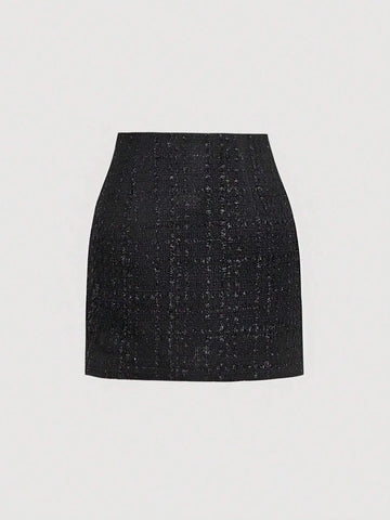 MOD Women's Elegant Pearl Pin Detail Black Tweed A-Line Skirt, Autumn