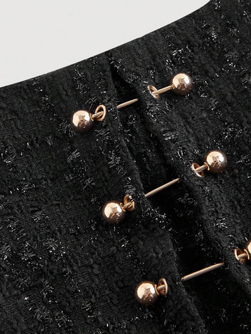 MOD Women's Elegant Pearl Pin Detail Black Tweed A-Line Skirt, Autumn