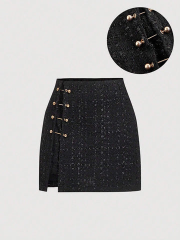 MOD Women's Elegant Pearl Pin Detail Black Tweed A-Line Skirt, Autumn