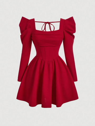 Women's Elegant Red Gigot Sleeve Dress, For New Year Party,Christmas Party Dresses New Year's