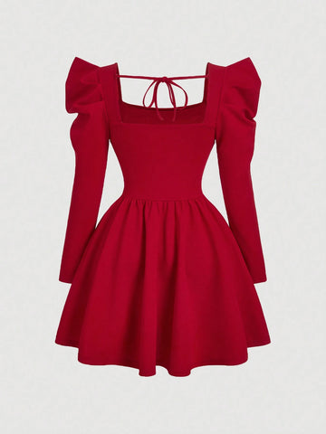 Women's Elegant Red Gigot Sleeve Dress, For New Year Party,Christmas Party Dresses New Year's