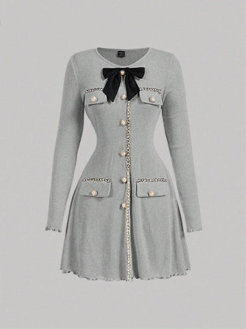 Women's Elegant Ribbon Patchwork Bow Decor Long Sleeve Dress,Going Out,Back To School,Fall