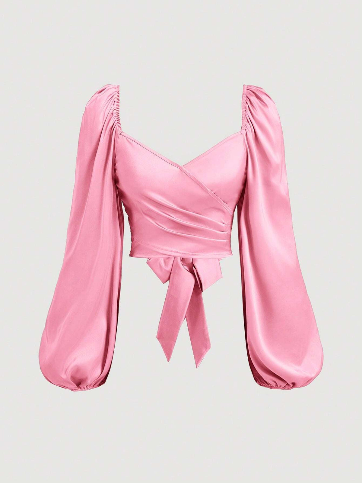 MOD Women's Elegant Solid Color Lantern Sleeve Tie-Front Wrap Blouse, Autumn