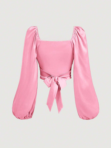 MOD Women's Elegant Solid Color Lantern Sleeve Tie-Front Wrap Blouse, Autumn