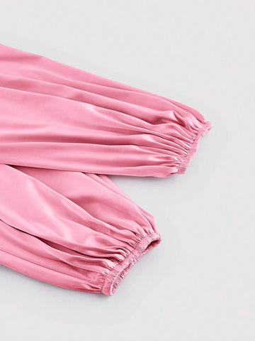 MOD Women's Elegant Solid Color Lantern Sleeve Tie-Front Wrap Blouse, Autumn