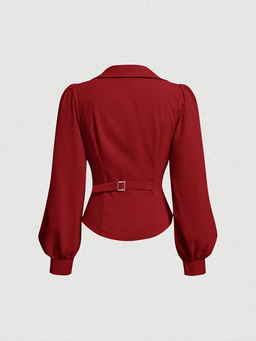 MOD Women's Elegant Solid Color Lantern Sleeve Wrap Slit Shirt, Autumn