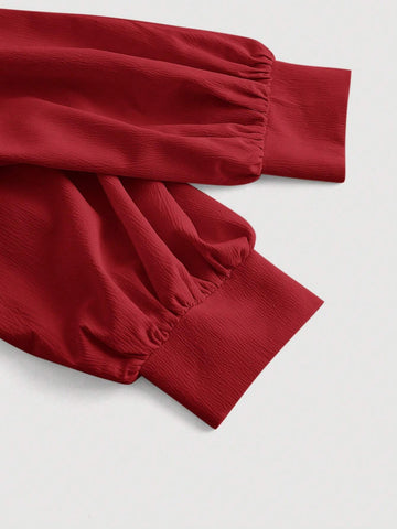 MOD Women's Elegant Solid Color Lantern Sleeve Wrap Slit Shirt, Autumn