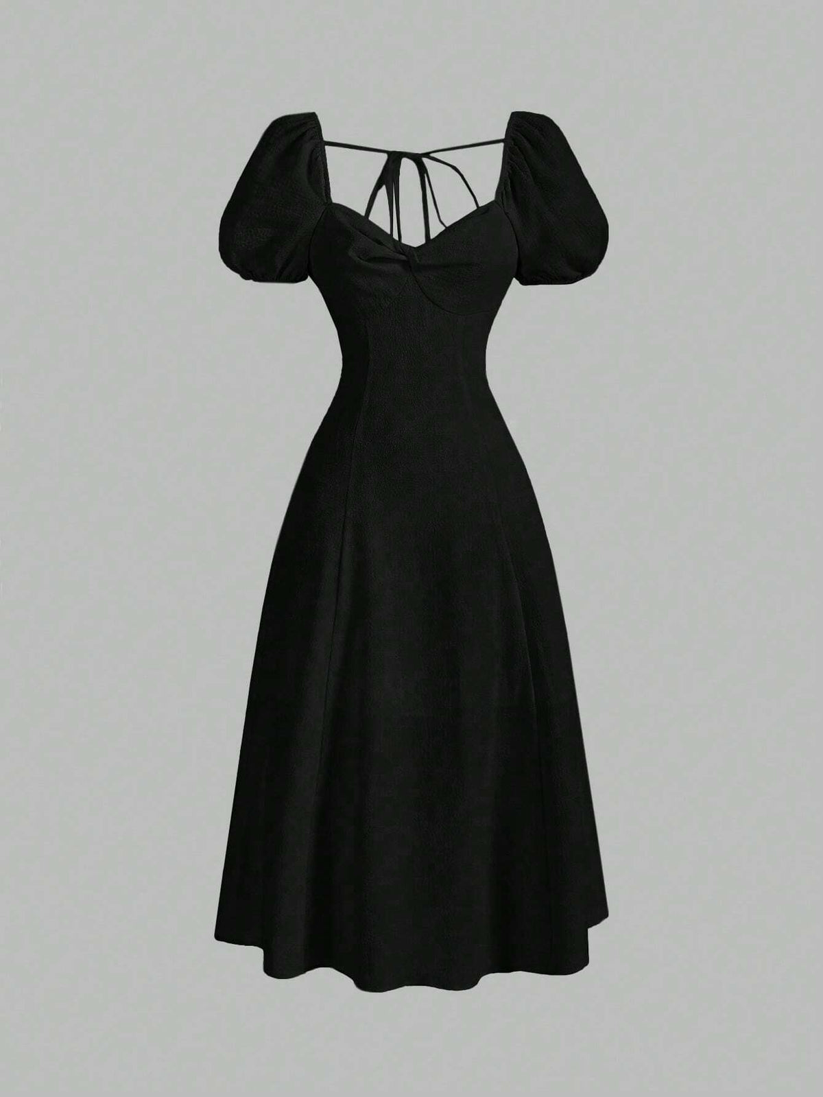 Women's Elegant Solid Color Puff Sleeve Twist Knot Diamond Neck Waist Cinched Dress, Summer