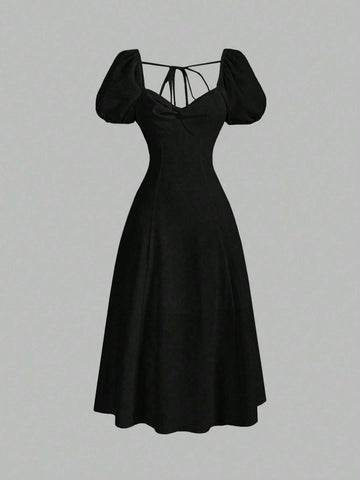 Women's Elegant Solid Color Puff Sleeve Twist Knot Diamond Neck Waist Cinched Dress, Summer