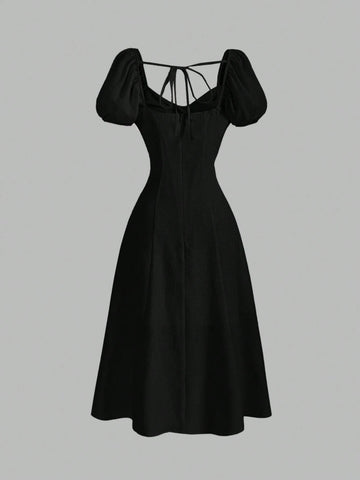 Women's Elegant Solid Color Puff Sleeve Twist Knot Diamond Neck Waist Cinched Dress, Summer