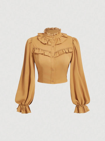 MOD Women's Elegant Solid Color Ruffle Collar Long Sleeve Blouse For Commuting, Spring And Summer